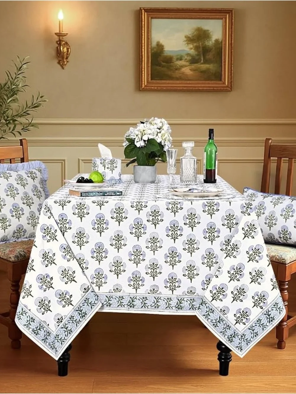 🆕 Ridhi Mughal Buta Blue Hand Block Print Cotton Reusuable Tablecloth 60”x60”